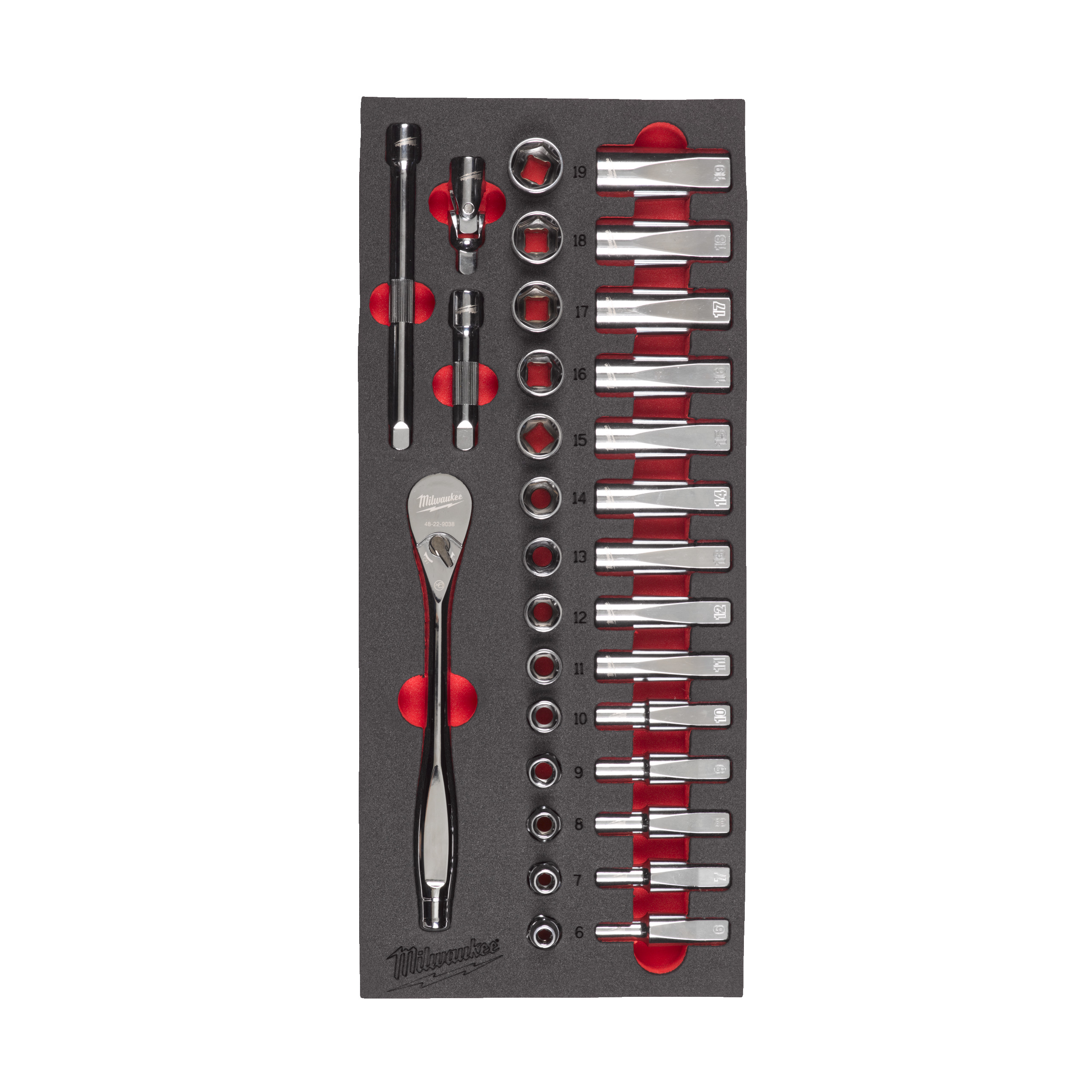 Milwaukee® Wkłady piankowe do stalowych systemów przechowywania TOOLGUARD™ — 3/8" Ratchet and Socket Set Foam Insert